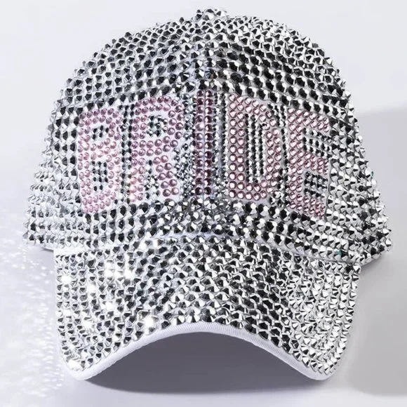 Callie Bride Bling: Pink & Silver Rhinestone Baseball Hat Bridal Wedding Cap - Picture 2 of 5